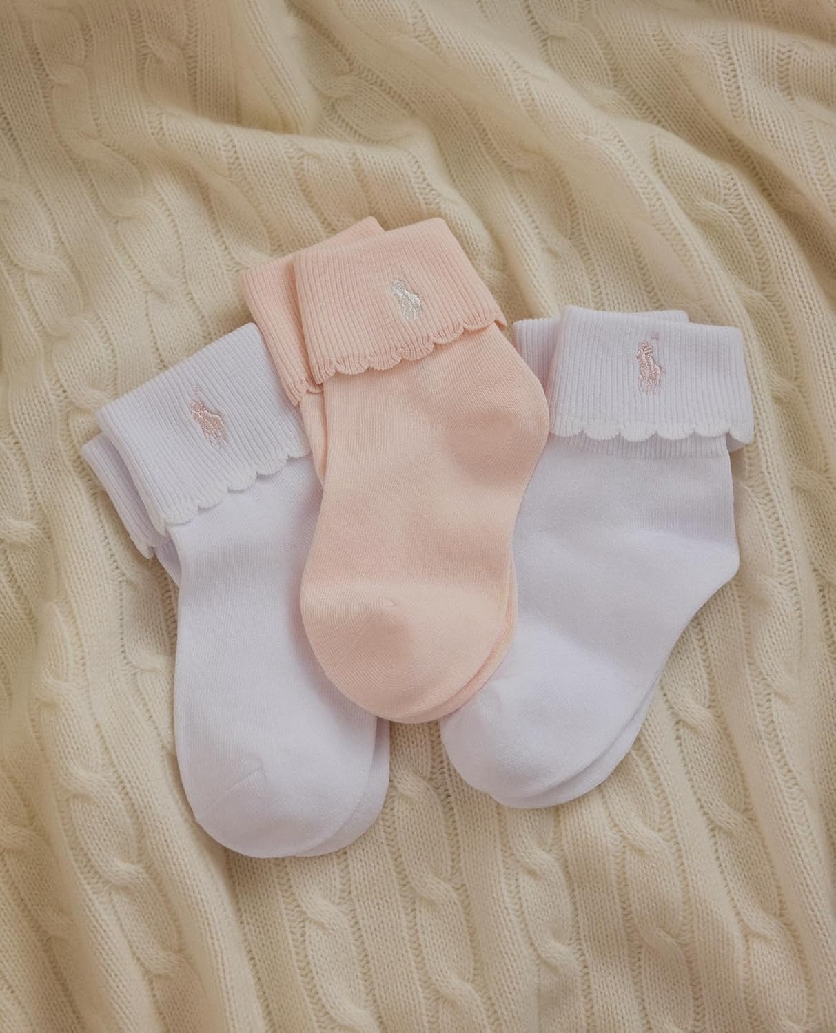 imagePolo Ralph Lauren Babys Scalloped Edge Turn Cuff Ankle Socks 3 Pair PackSoft Pink
