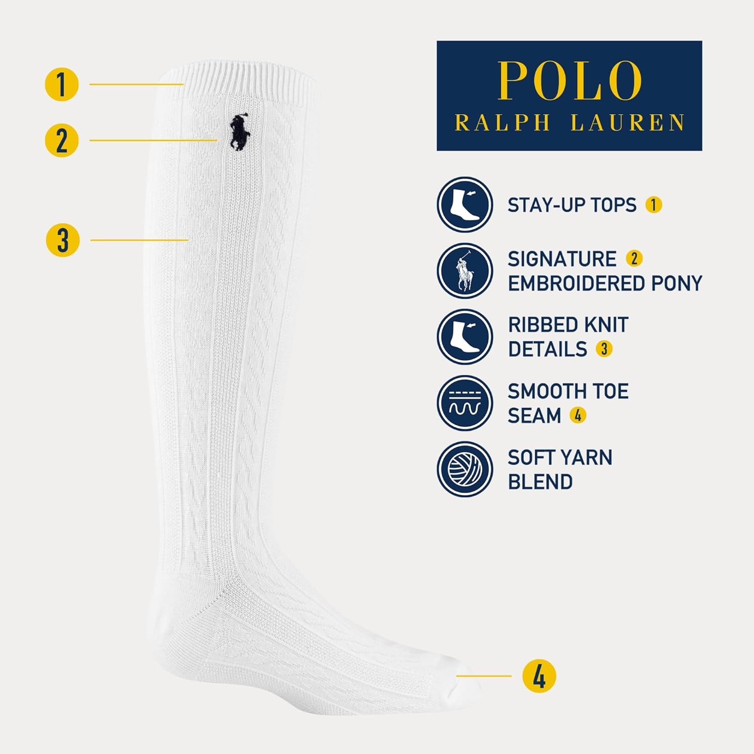 imagePolo Ralph Lauren Girls Cable Knee High Socks 3 Pair PackNavy Assorted