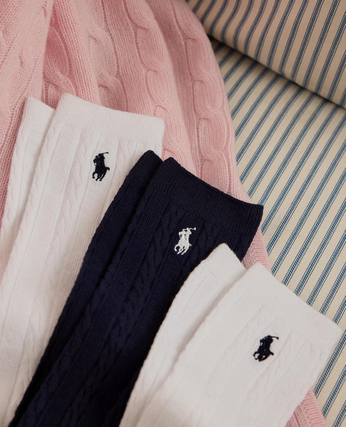 imagePolo Ralph Lauren Girls Cable Knee High Socks 3 Pair PackNavy Assorted
