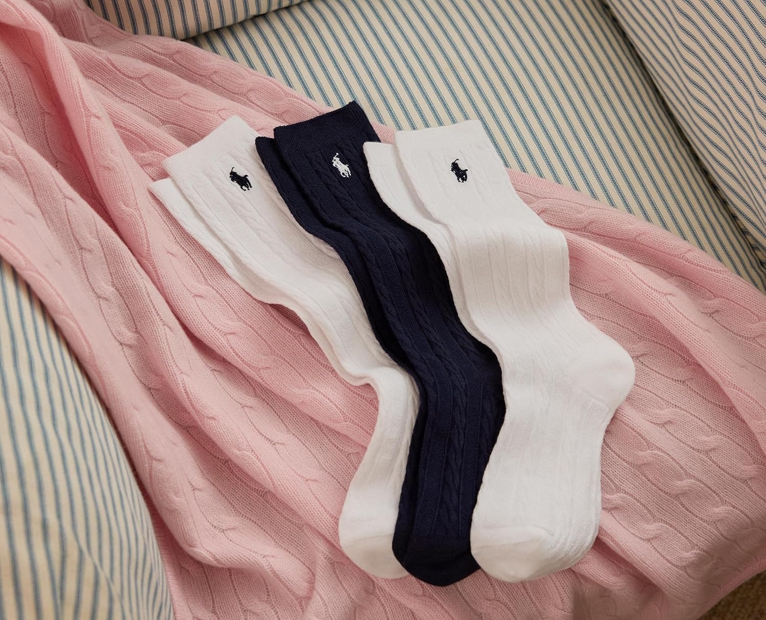 imagePolo Ralph Lauren Girls Cable Knee High Socks 3 Pair PackNavy Assorted