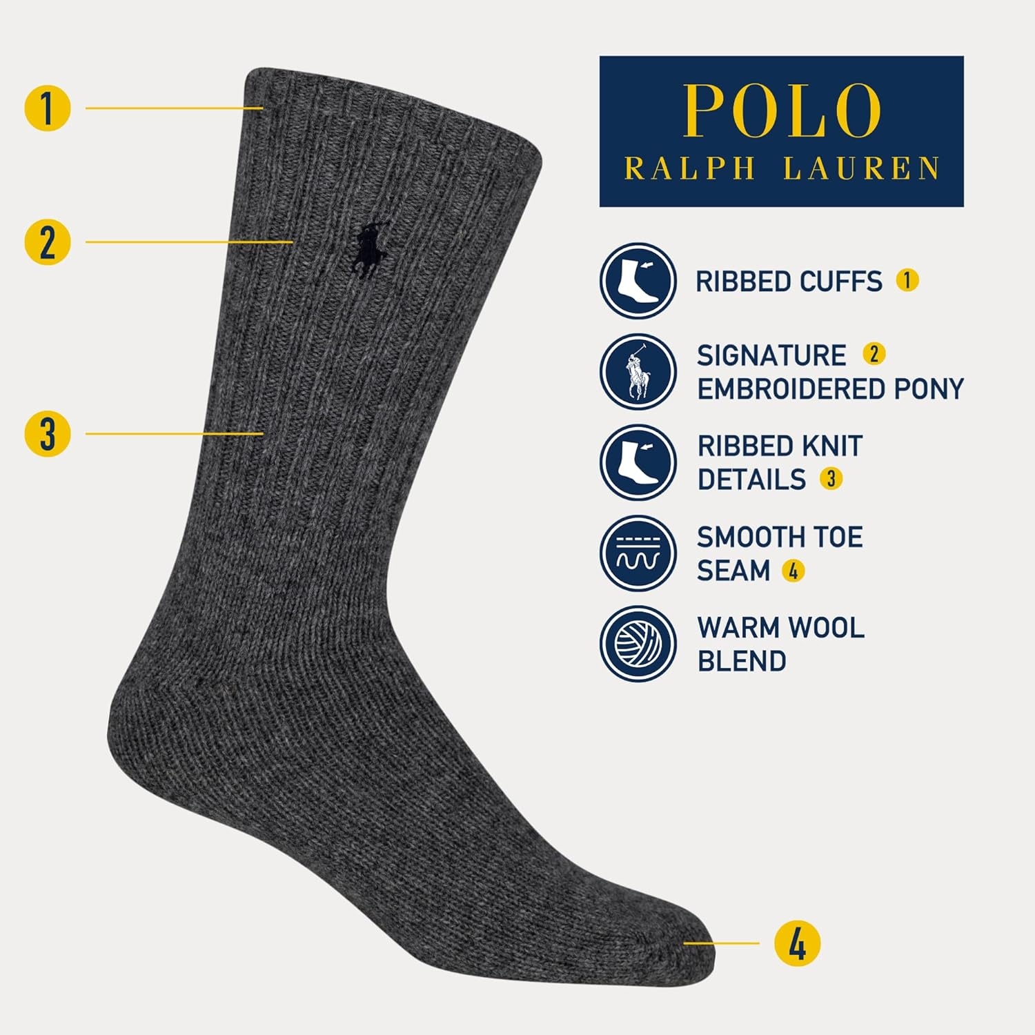 imagePolo Ralph Lauren Mens Casual Wool Ribbed Boot Crew Socks 1 Pair Pack Doer LambswoolGray Heather