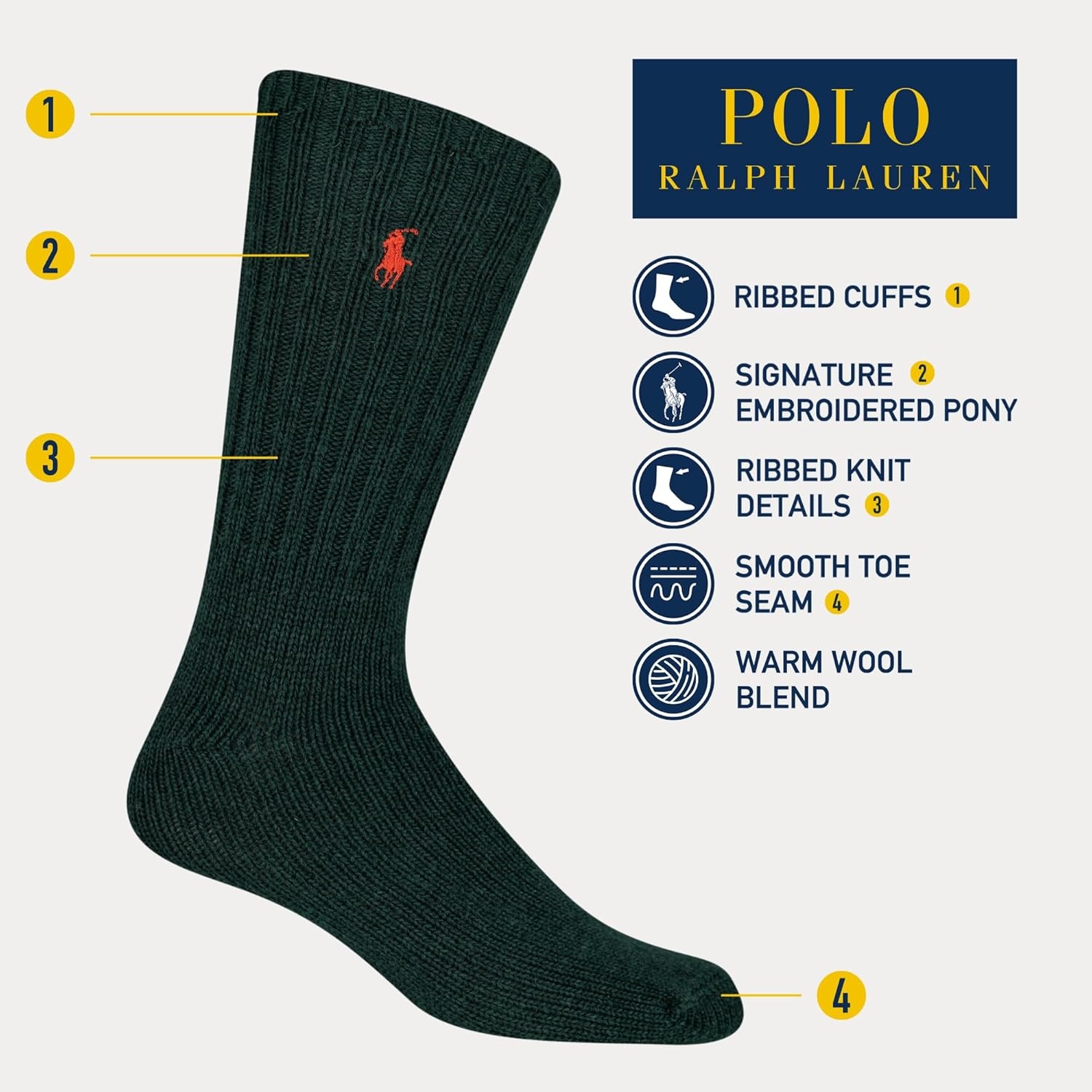 imagePolo Ralph Lauren Mens Casual Wool Ribbed Boot Crew Socks 1 Pair Pack Doer LambswoolHunter Green