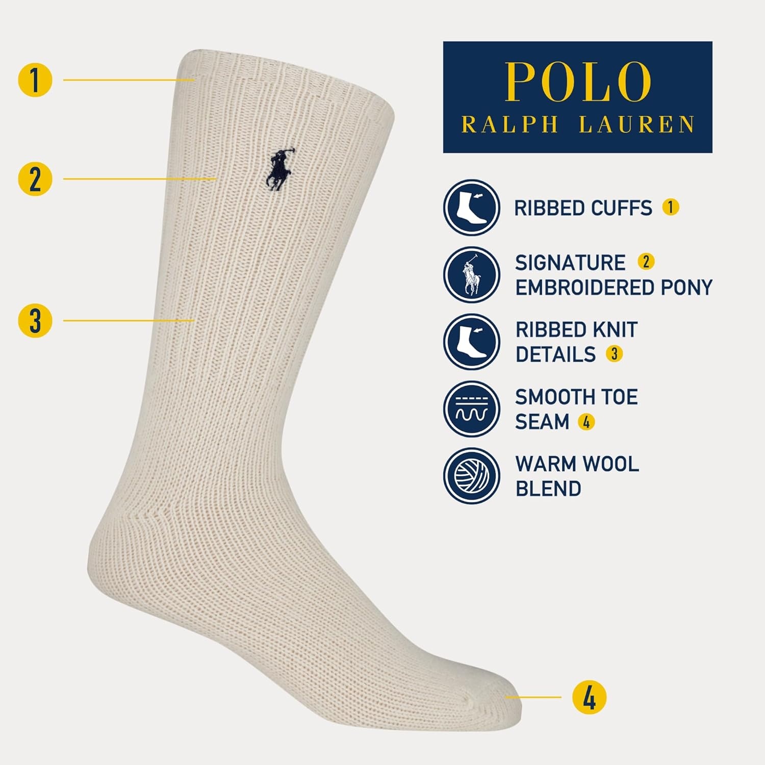 imagePolo Ralph Lauren Mens Casual Wool Ribbed Boot Crew Socks 1 Pair Pack Doer LambswoolIvory