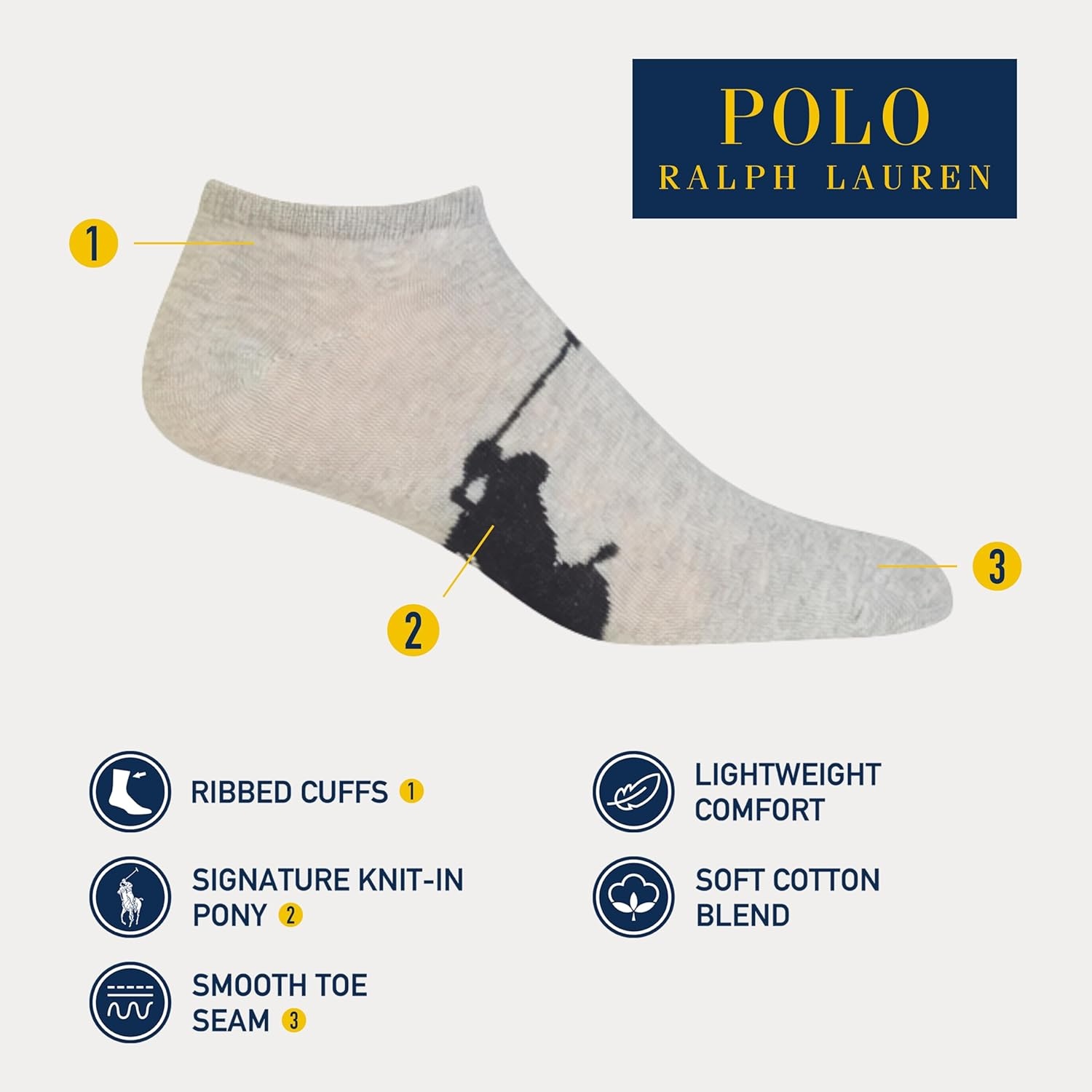imagePolo Ralph Lauren Mens Classic Sport Big Pony Low Cut Socks 3 Pair Pack Soft and Lightweight Cotton ComfortBlack White Gray Assorted