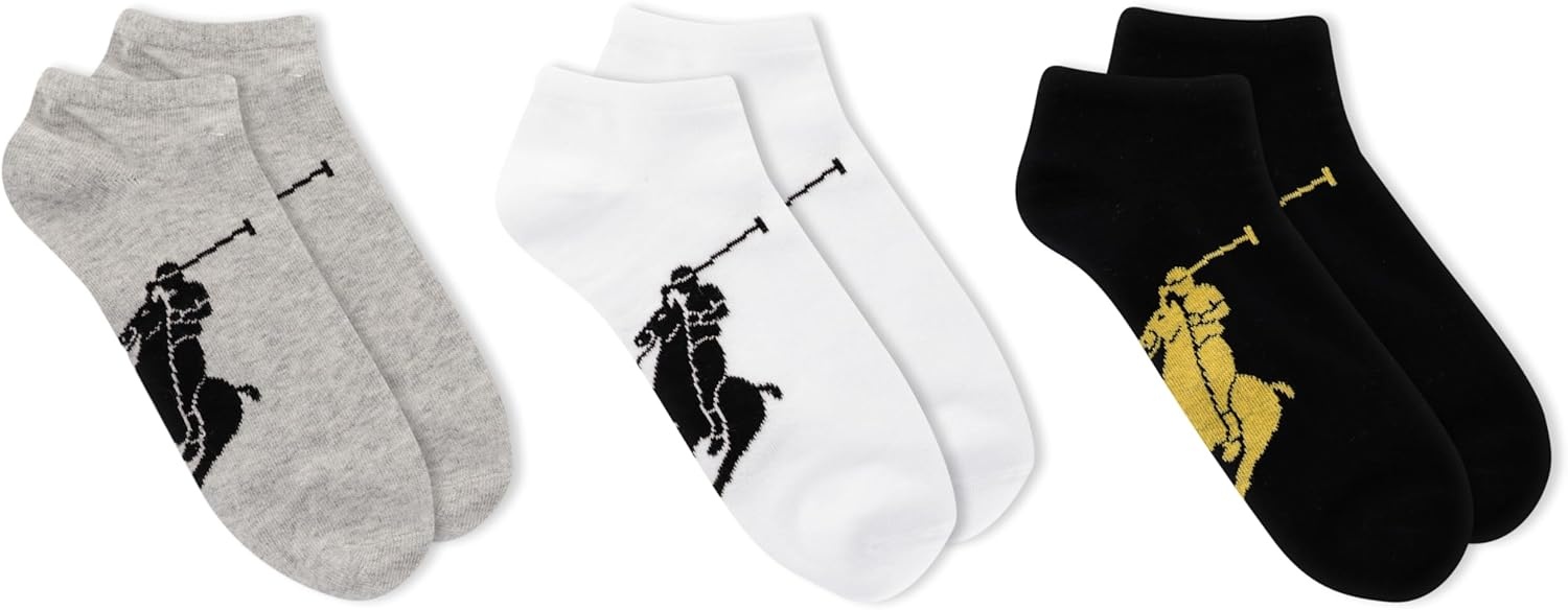 imagePolo Ralph Lauren Mens Classic Sport Big Pony Low Cut Socks 3 Pair Pack Soft and Lightweight Cotton ComfortBlack White Gray Assorted