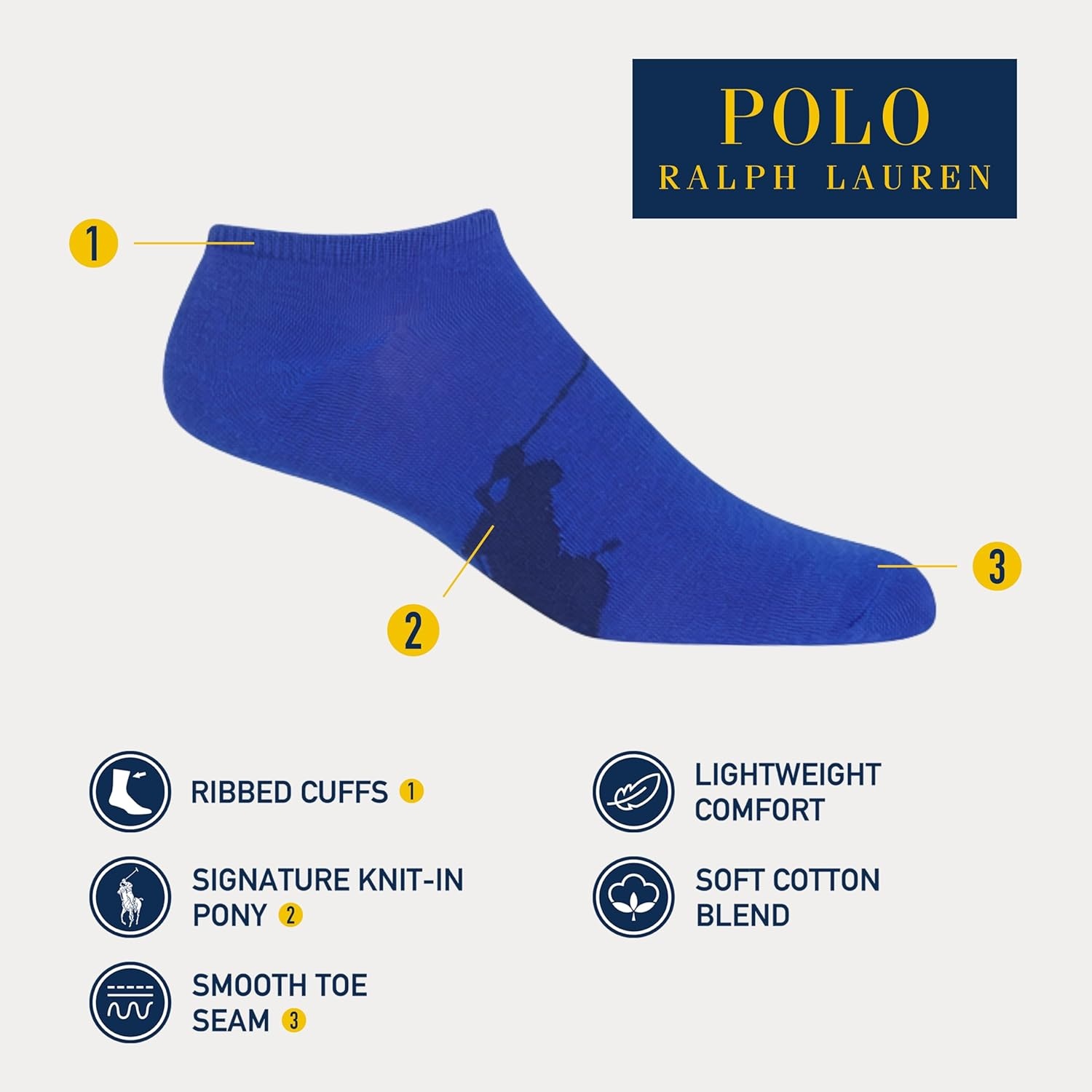imagePolo Ralph Lauren Mens Classic Sport Big Pony Low Cut Socks 3 Pair Pack Soft and Lightweight Cotton ComfortBright Navy