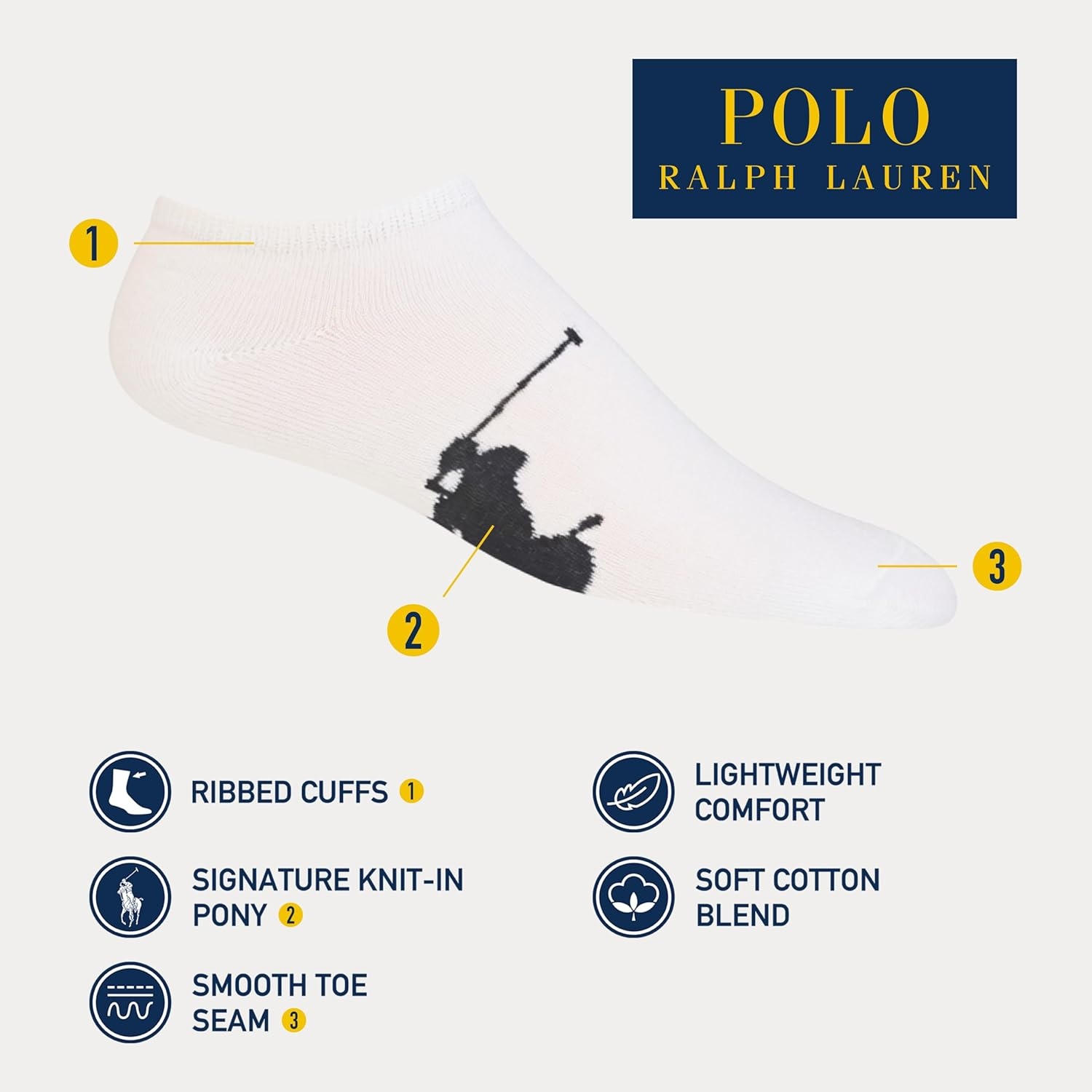 imagePolo Ralph Lauren Mens Classic Sport Big Pony Low Cut Socks 3 Pair Pack Soft and Lightweight Cotton ComfortWhite