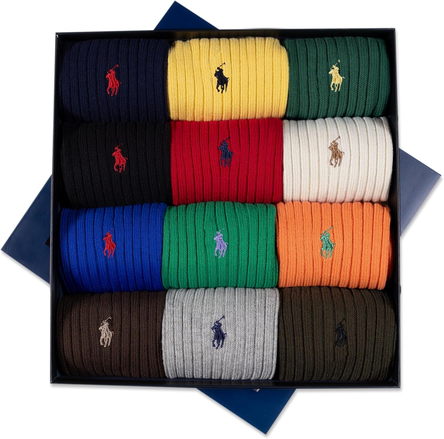 imagePolo Ralph Lauren Mens Cotton Ribbed Dress Crew Socks 1 Pair Pack Solid Color Cushioned ComfortAssorted 12 Pack Gift Box