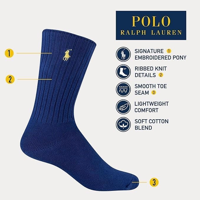 imagePolo Ralph Lauren Mens Cotton Ribbed Dress Crew Socks 1 Pair Pack Solid Color Cushioned ComfortAssorted 12 Pack Gift Box