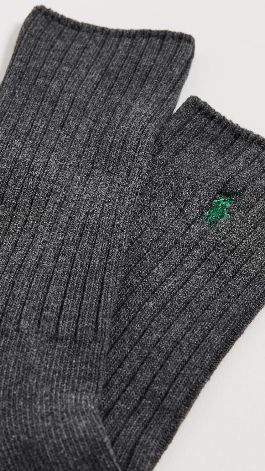 imagePolo Ralph Lauren Mens Cotton Ribbed Dress Crew Socks 1 Pair Pack Solid Color Cushioned ComfortGray Heather