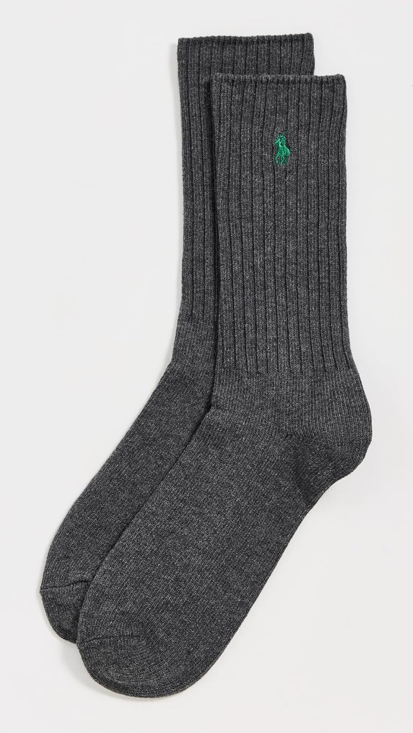 imagePolo Ralph Lauren Mens Cotton Ribbed Dress Crew Socks 1 Pair Pack Solid Color Cushioned ComfortGray Heather