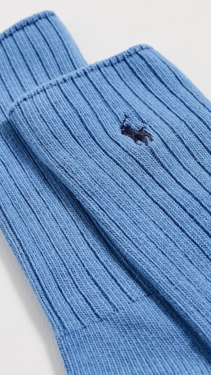 imagePolo Ralph Lauren Mens Cotton Ribbed Dress Crew Socks 1 Pair Pack Solid Color Cushioned ComfortMedium Blue