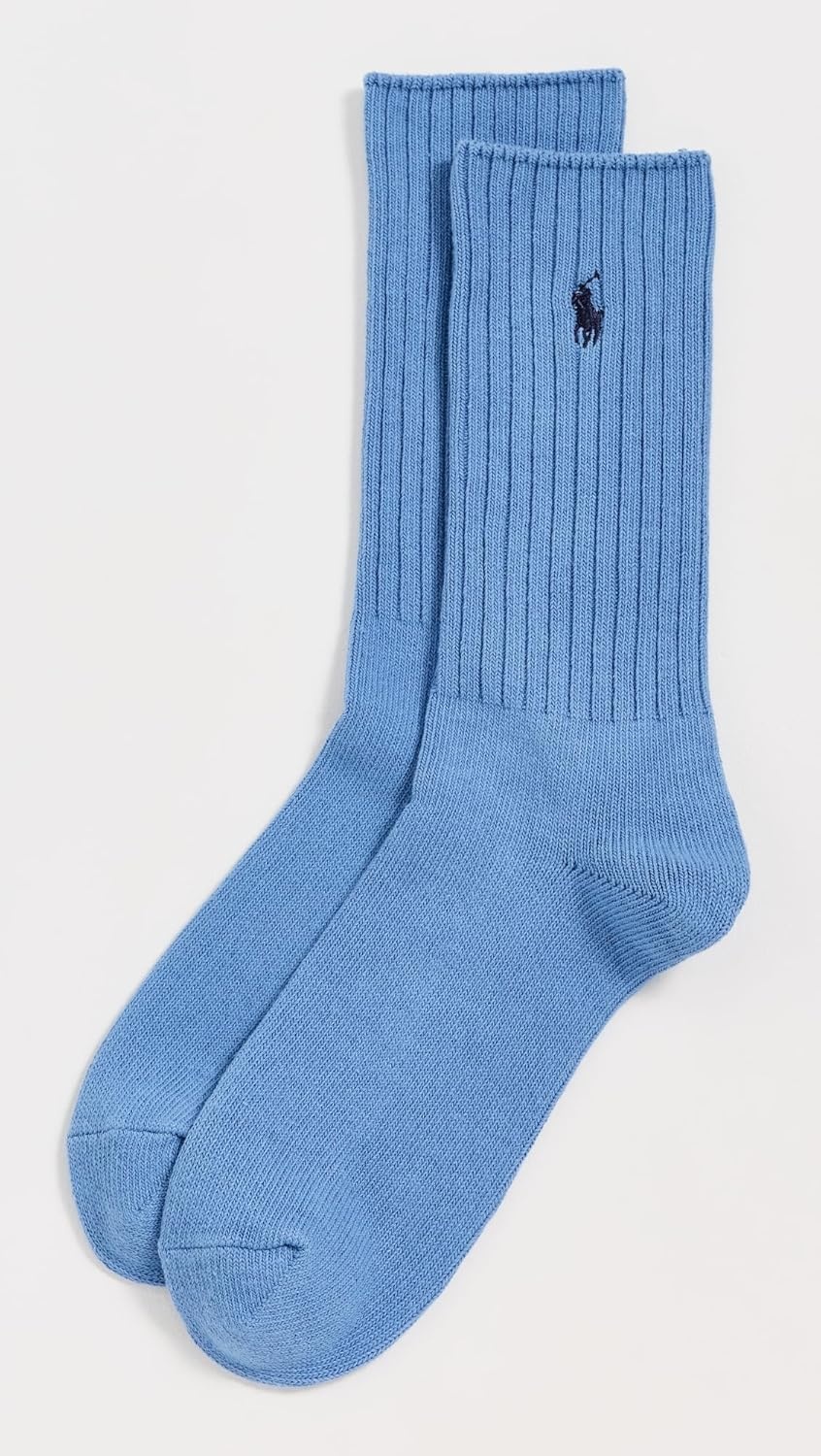 imagePolo Ralph Lauren Mens Cotton Ribbed Dress Crew Socks 1 Pair Pack Solid Color Cushioned ComfortMedium Blue