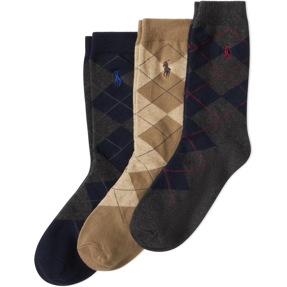 imagePOLO RALPH LAUREN Boys Argyle Pattern Dress Crew Socks 3 Pair Pack Soft Lightweight Cotton ComfortCharcoal Assorted