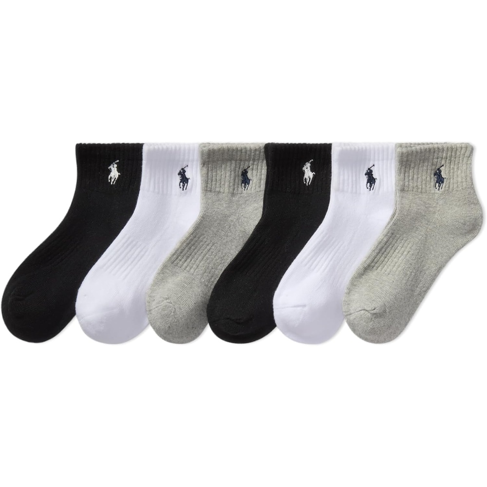 imagePOLO RALPH LAUREN Boys Athletic Performance Ankle Socks 6 Pair Pack Soft Cushioned ComfortGray Heather Assorted