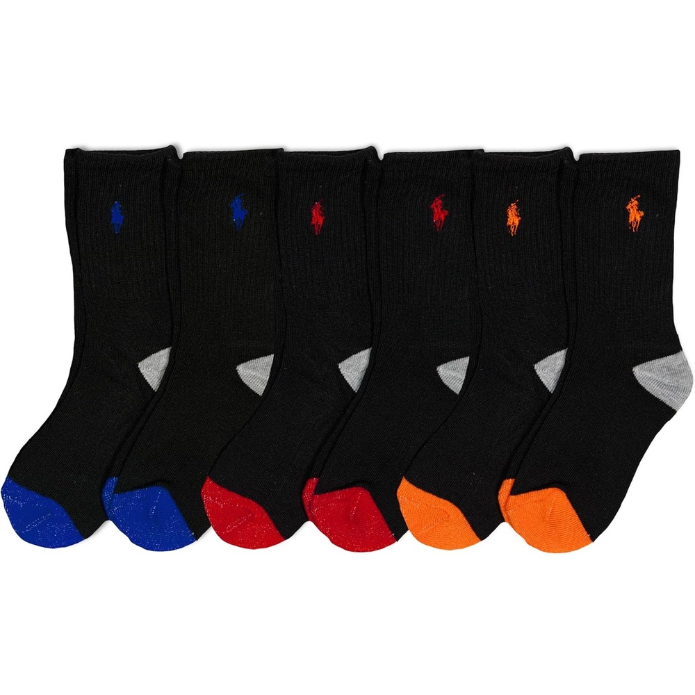 imagePOLO RALPH LAUREN Boys Athletic Performance Crew Socks 6 Pair Pack Soft Cushioned ComfortBlack Assorted