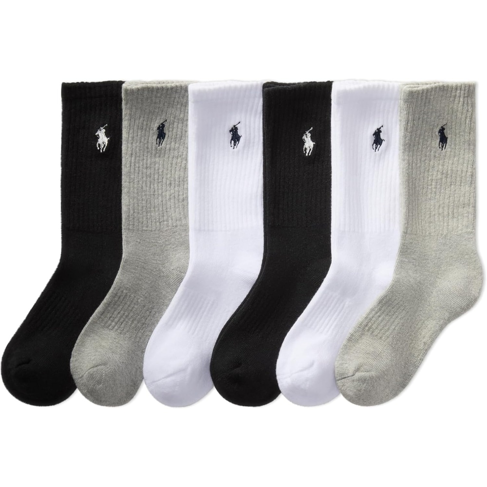imagePOLO RALPH LAUREN Boys Athletic Performance Crew Socks 6 Pair Pack Soft Cushioned ComfortGray Heather Assorted