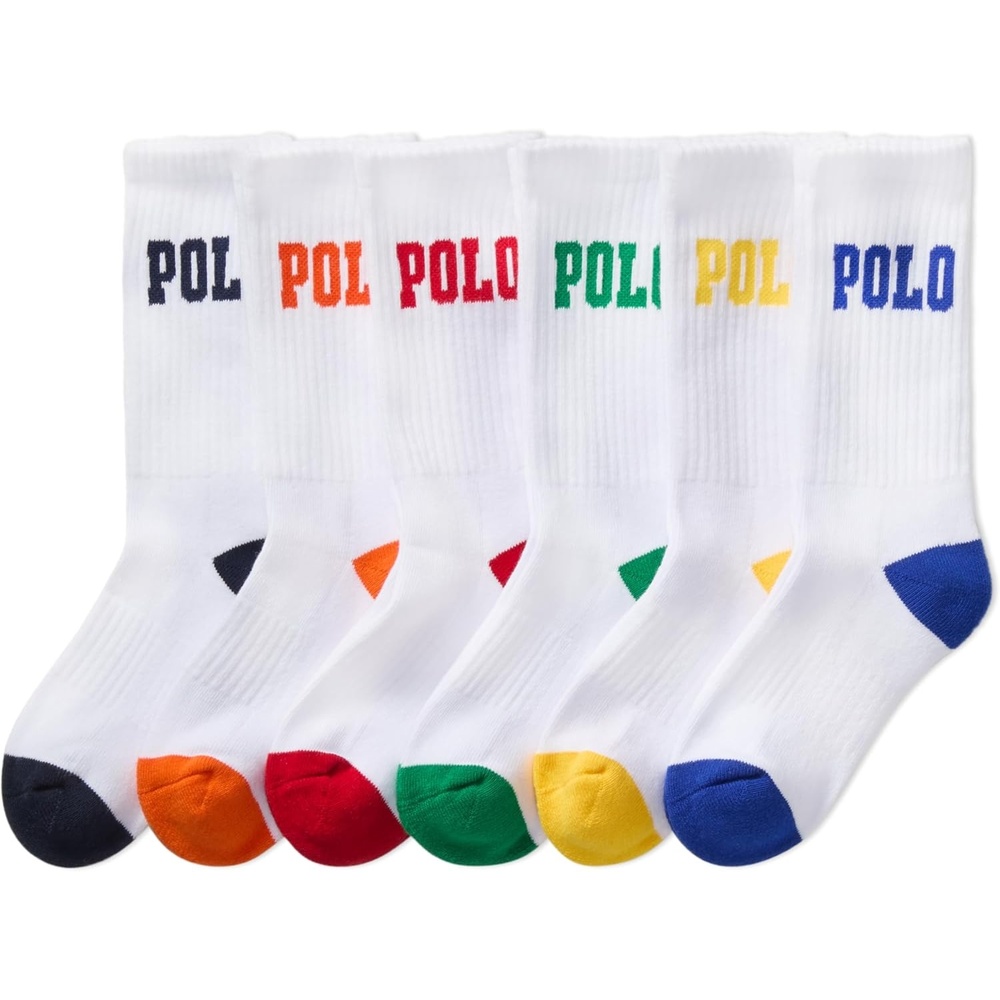 imagePOLO RALPH LAUREN Boys Athletic Performance Crew Socks 6 Pair Pack Soft Cushioned ComfortWhite Color Tip Cotton