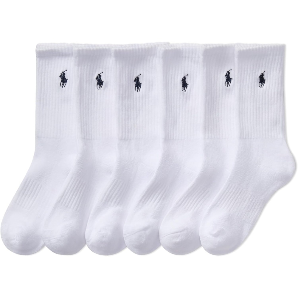 imagePOLO RALPH LAUREN Boys Athletic Performance Crew Socks  6 Pair Pack  Soft Cushioned ComfortWhite Cotton