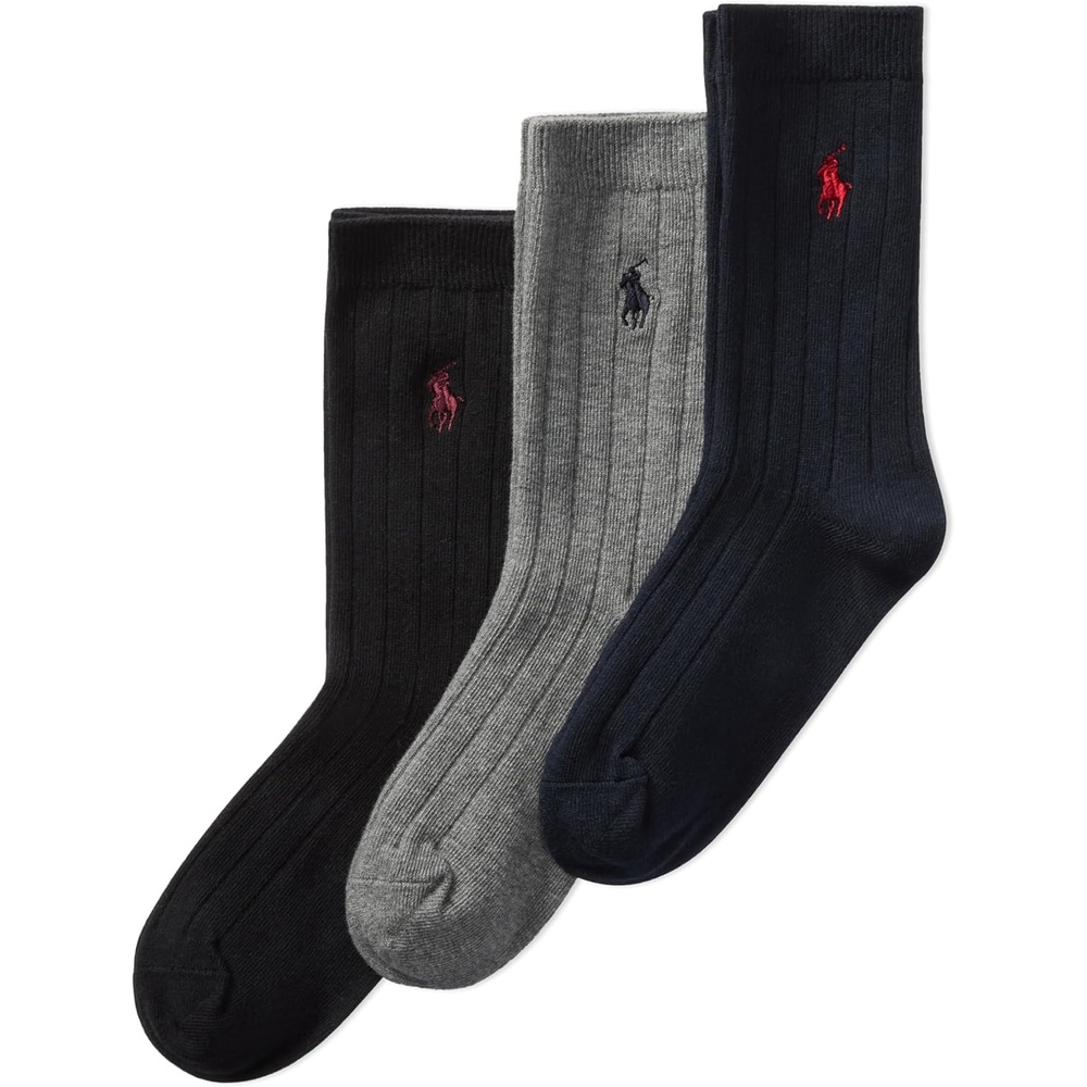 imagePOLO RALPH LAUREN Boys Classic Solid Rib Dress Crew Socks  3 Pair Pack  Sustainable Cotton ComfortNavy Assorted