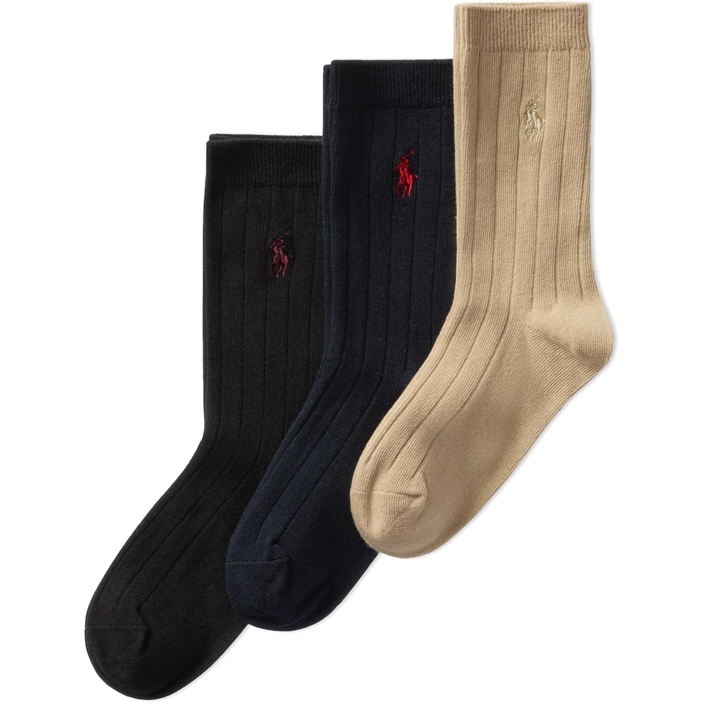 imagePOLO RALPH LAUREN Boys Classic Solid Rib Dress Crew Socks 3 Pair Pack Sustainable Cotton ComfortTan