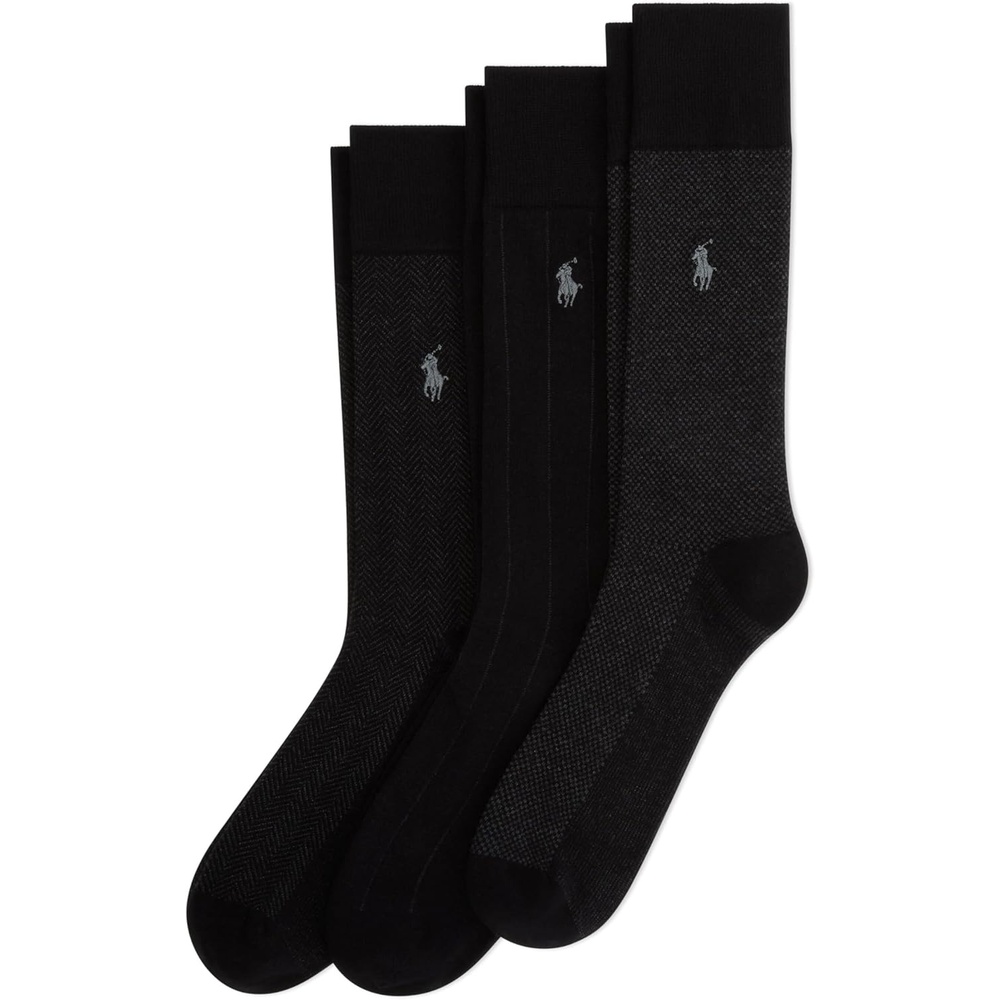 imagePOLO RALPH LAUREN Mens Assorted Pattern Dress Crew Socks 3 Pair Pack Soft Lightweight CottonBlack Assorted