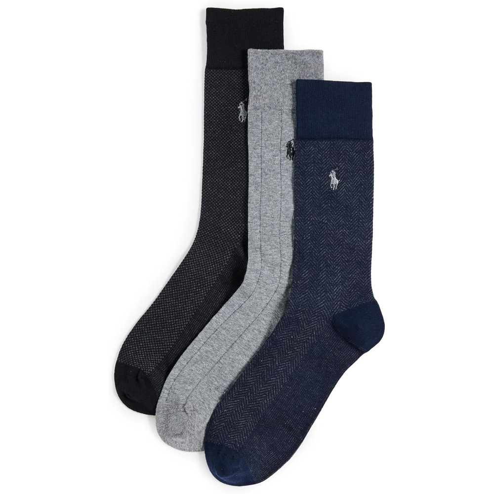 imagePOLO RALPH LAUREN Mens Assorted Pattern Dress Crew Socks 3 Pair Pack Soft Lightweight CottonGents Navy Assorted