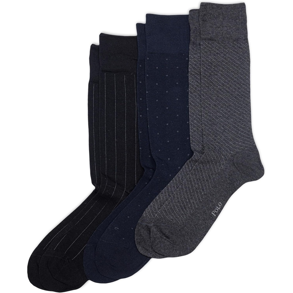 imagePOLO RALPH LAUREN Mens Assorted Pattern Dress Crew Socks 3 Pair Pack Soft Lightweight CottonGray Assorted