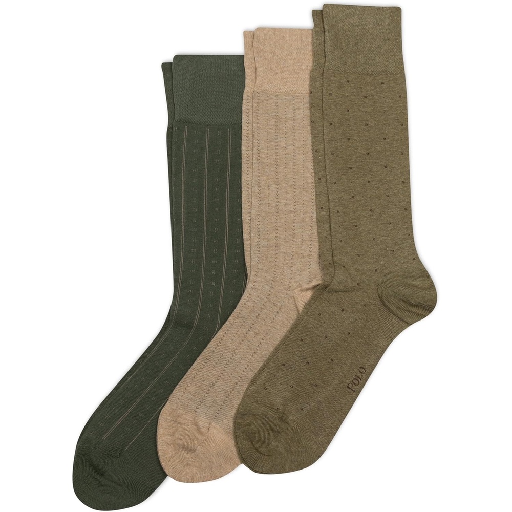 imagePOLO RALPH LAUREN Mens Assorted Pattern Dress Crew Socks 3 Pair Pack Soft Lightweight CottonOlive
