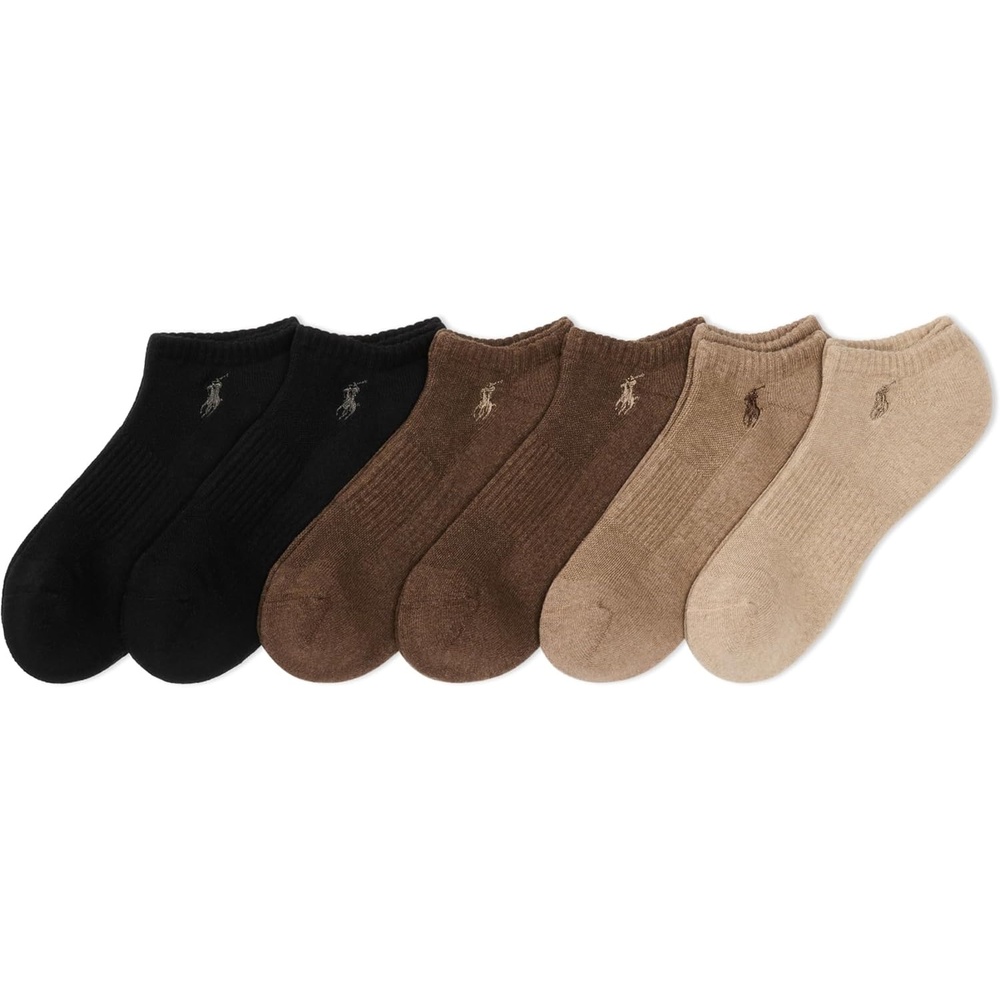 imagePOLO RALPH LAUREN Mens Athletic Performance Cotton Low Cut Socks 6 Pair Pack Moisture Wicking MeshBrown