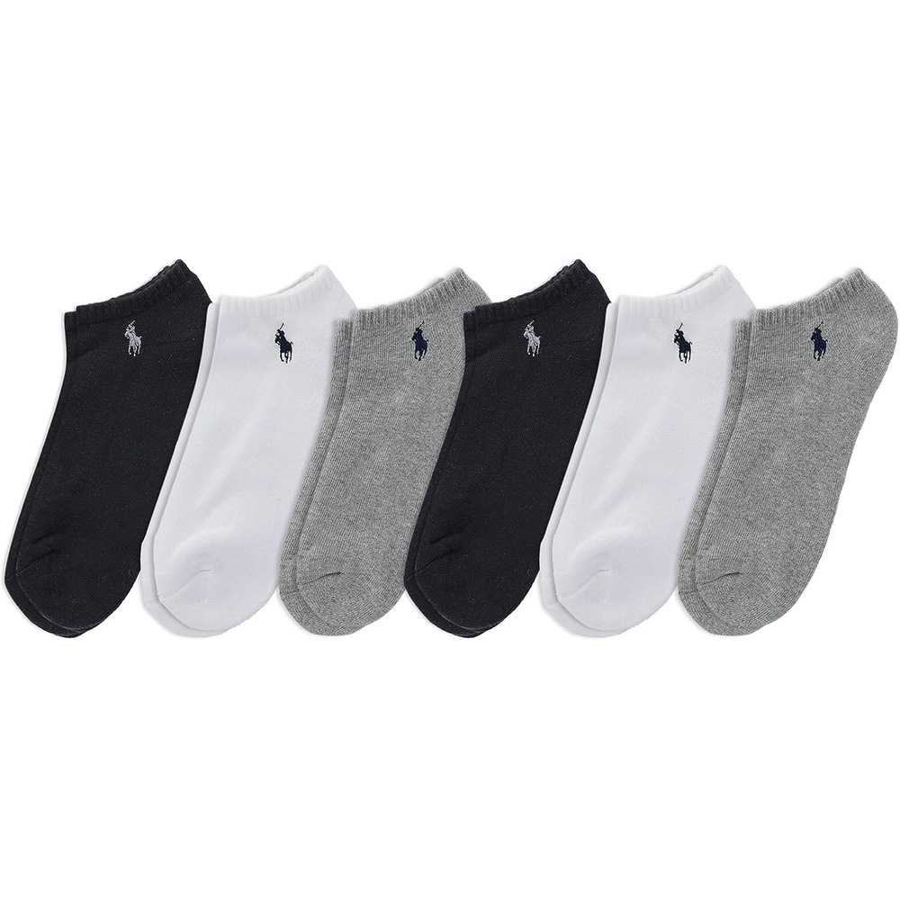 imagePOLO RALPH LAUREN Mens Athletic Performance Cotton Low Cut Socks 6 Pair Pack Moisture Wicking MeshGray Heather Assorted