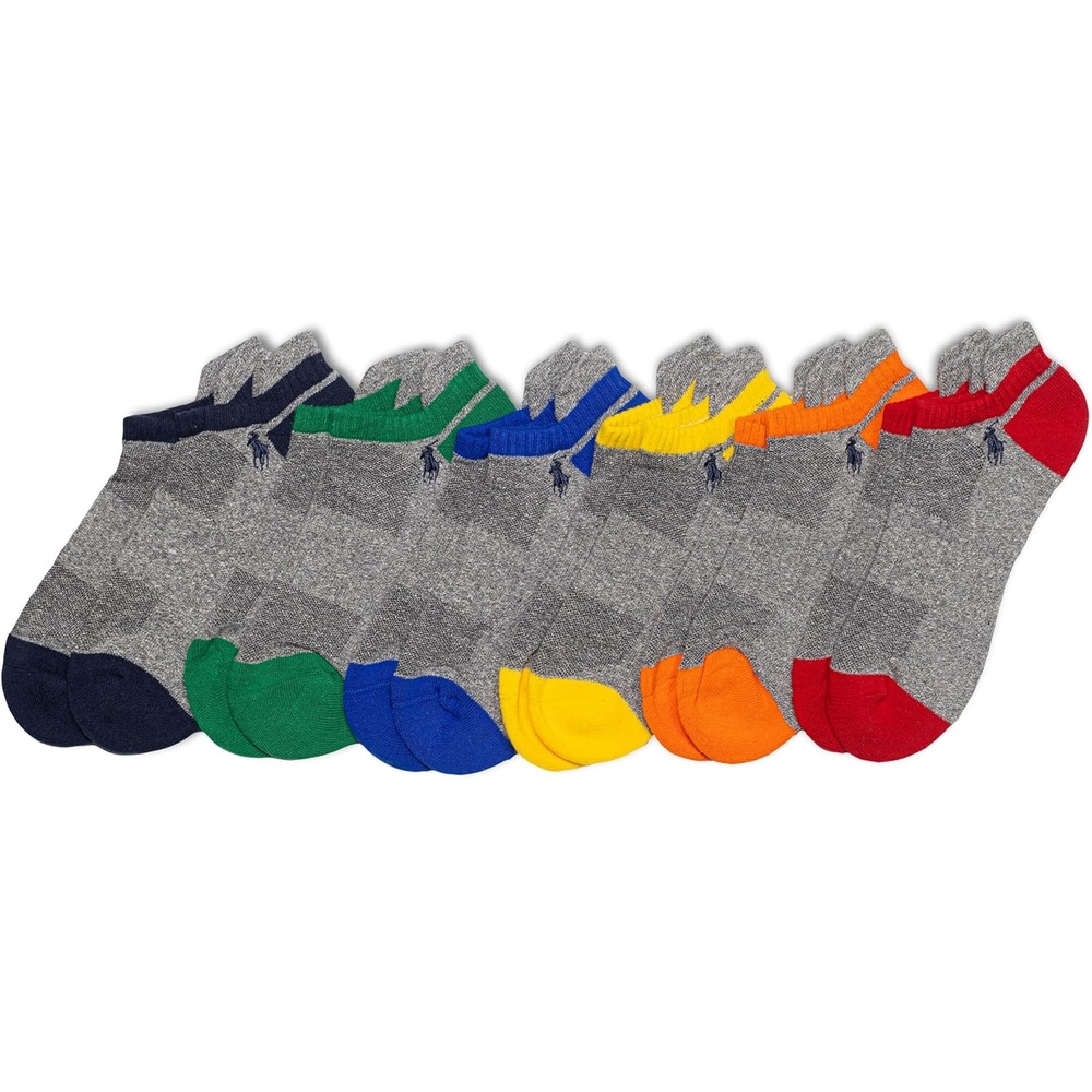 imagePOLO RALPH LAUREN Mens Athletic Performance Cotton Low Cut Socks 6 Pair Pack Moisture Wicking MeshMulticolor Tip Gray