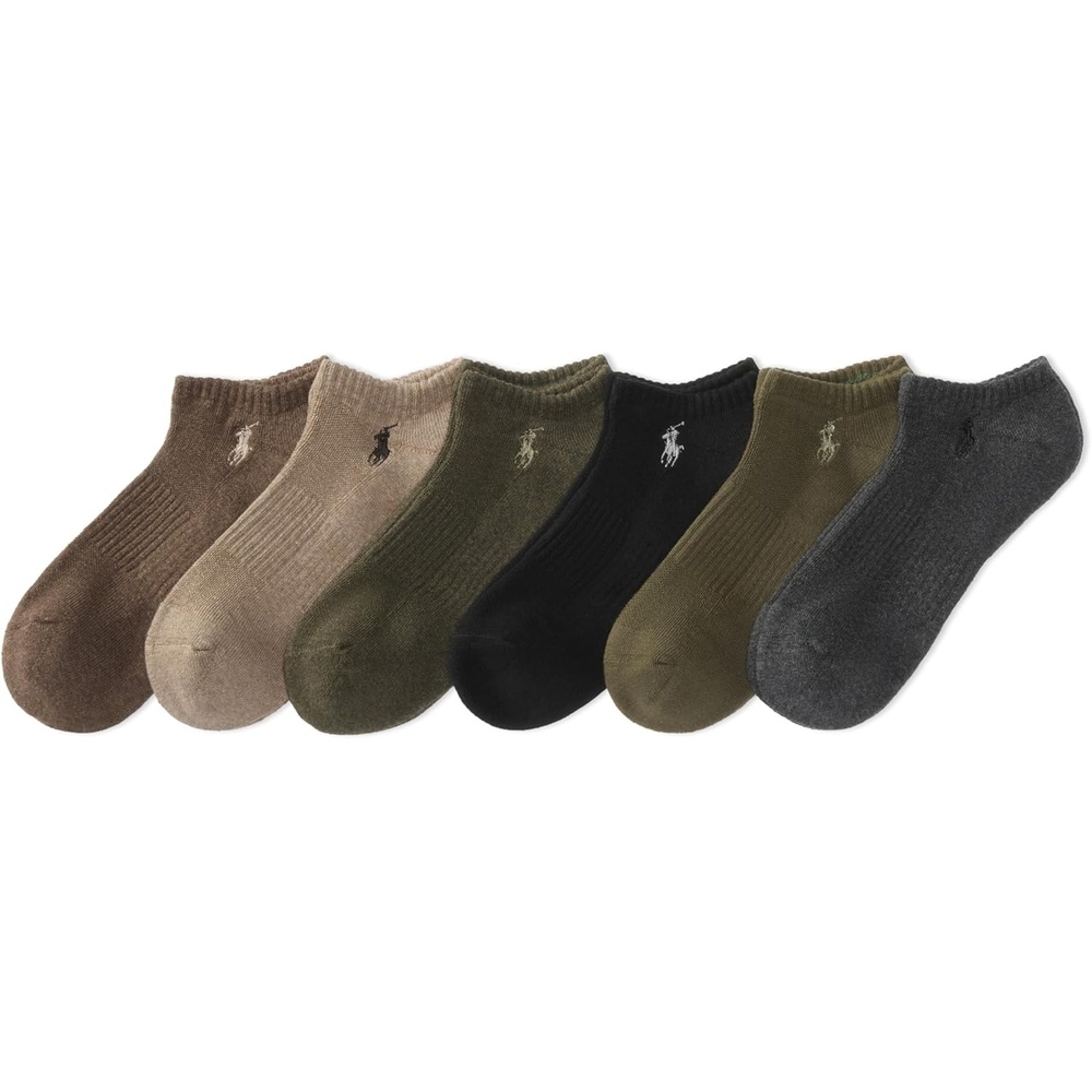 imagePOLO RALPH LAUREN Mens Athletic Performance Cotton Low Cut Socks 6 Pair Pack Moisture Wicking MeshOlive Assorted