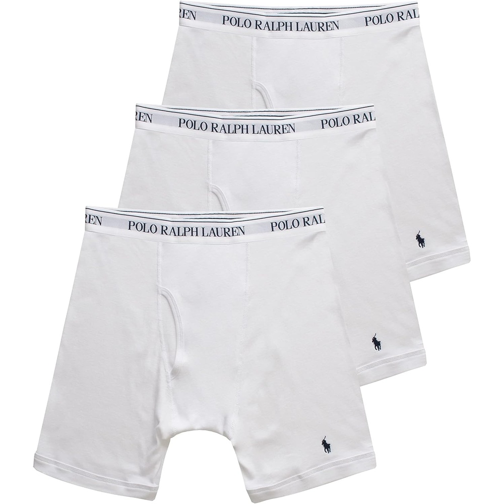 imagePOLO RALPH LAUREN Mens Classic Fit Cotton Boxer Briefs Trunks amp Long Leg Available 3PackWhiteNavy  3 Pack