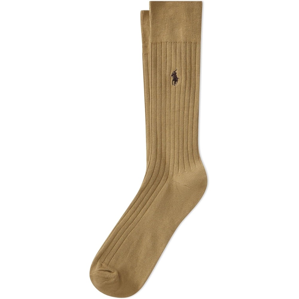 imagePOLO RALPH LAUREN Mens Egyptian Cotton Ribbed Dress Slack Crew Socks 1 Pair Pack Embroidered PonyTan