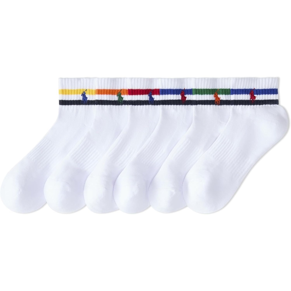 imagePOLO RALPH LAUREN Mens Performance Cotton Quarter SocksWhite Stripes