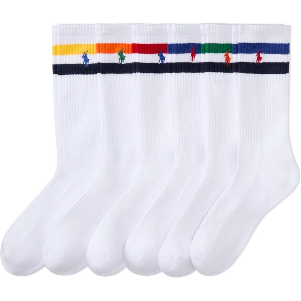 imagePOLO RALPH LAUREN Mens Performance Crew Socks 6 PackWhite Stripes