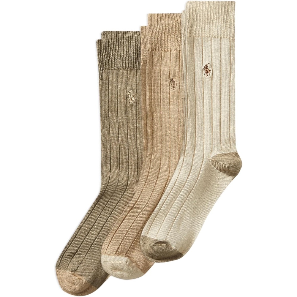 imagePOLO RALPH LAUREN Mens Ribbed Dress Crew Socks 3PairKhaki Assorted