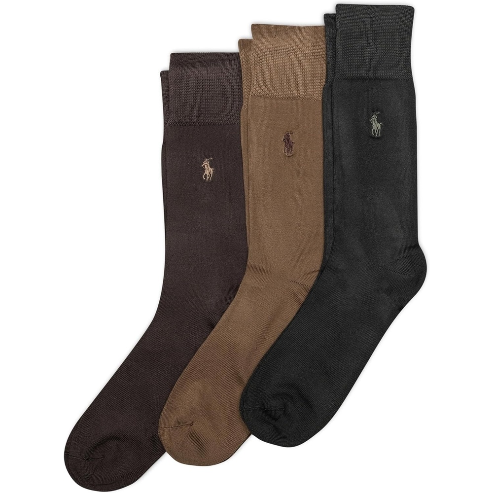 imagePOLO RALPH LAUREN Mens Super Soft Flat Dress Crew Socks 3 Pair Pack Heeltoe ReinforcementBrown