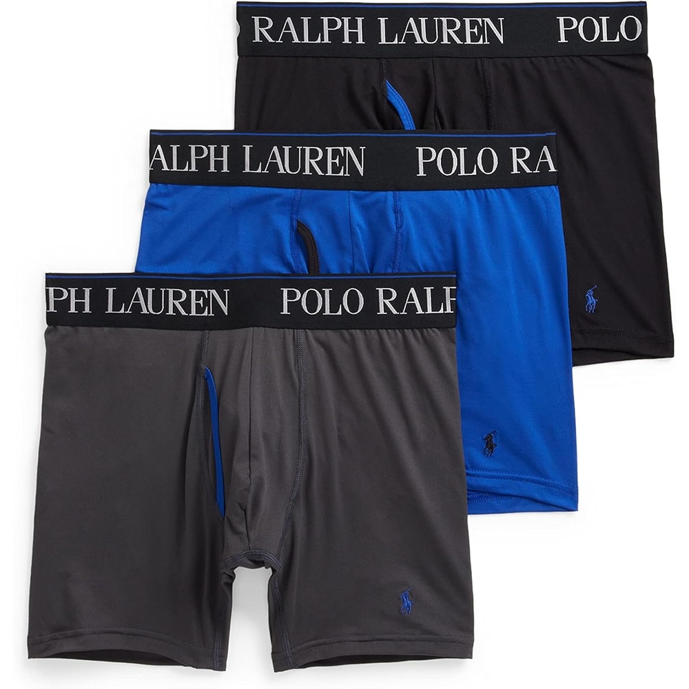 imagePOLO RALPH LAUREN Mens Underwear Boxer Briefs Pack 3Pack 4D Flex Cooling Microfiber Underwear Wicking Boxer BriefsCharcoalRugbyroyalPolo Black