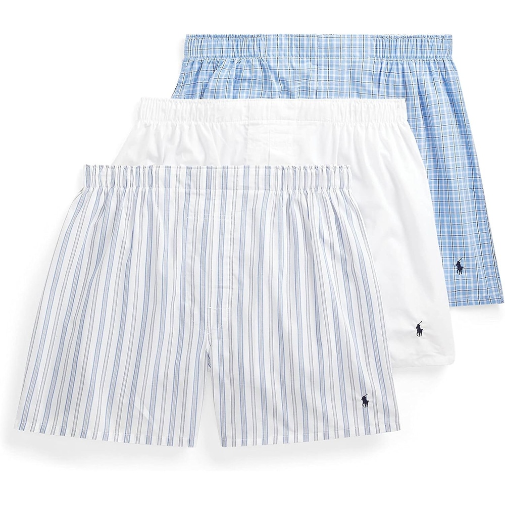 imagePOLO RALPH LAUREN Underwear Boxers Pack 3Pack Classic Fit Cotton Woven Mens Underwear Big amp Tall AvailbleWhiteNavy StripeNavy PlaidNavy 3 Pack