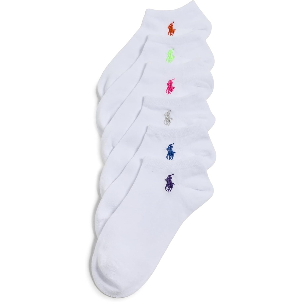 imagePOLO RALPH LAUREN Womens Ultra Low Cut Flat Knit Socks 6Pack White Assorted Bright Pony numeric4numeric10