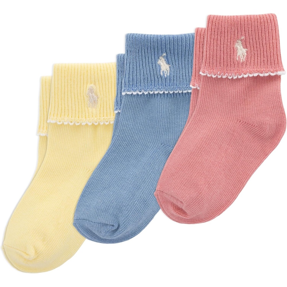 imagePOLO RALPH LAUREN baby Fold Over Turn Cuff Ankle Socks 3 Pair Pack Soft Cotton ComfortLight Assorted