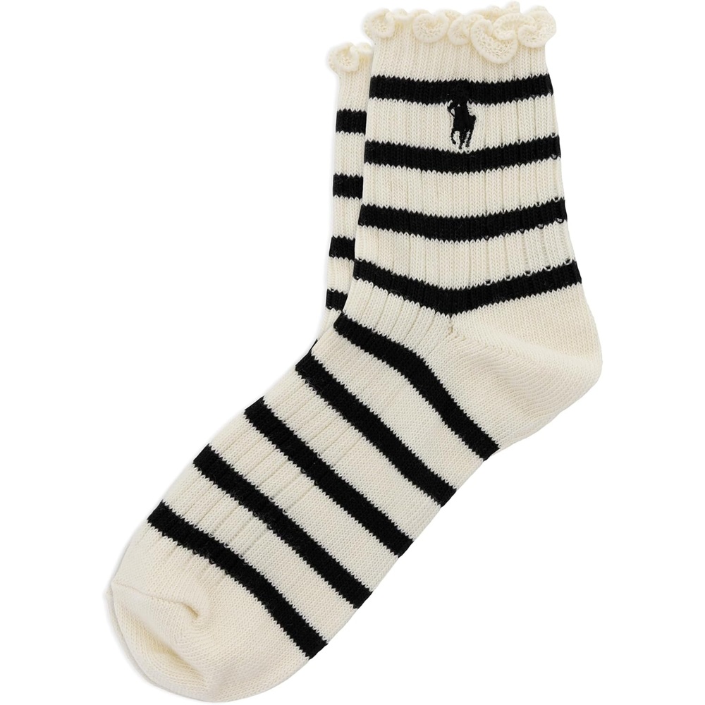 imagePOLO RALPH LAUREN womens Lettuce Edge Ankle Socks 1 Pair Pack Sustainable Cotton ComfortIvory Stripe