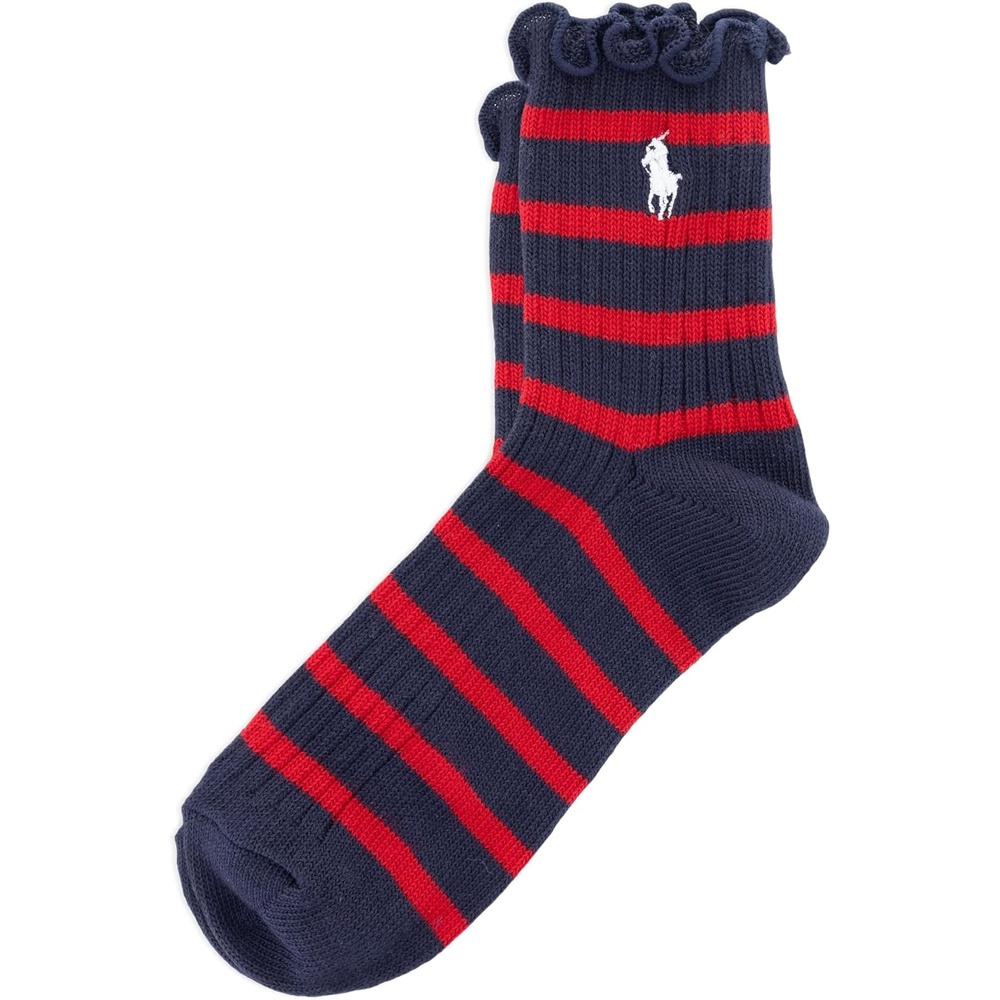 imagePOLO RALPH LAUREN womens Lettuce Edge Ankle Socks 1 Pair Pack Sustainable Cotton ComfortNavy Stripe