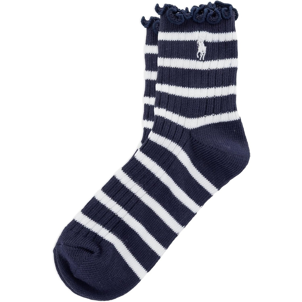 imagePOLO RALPH LAUREN womens Lettuce Edge Ankle Socks 1 Pair Pack Sustainable Cotton ComfortNavy White Stripe
