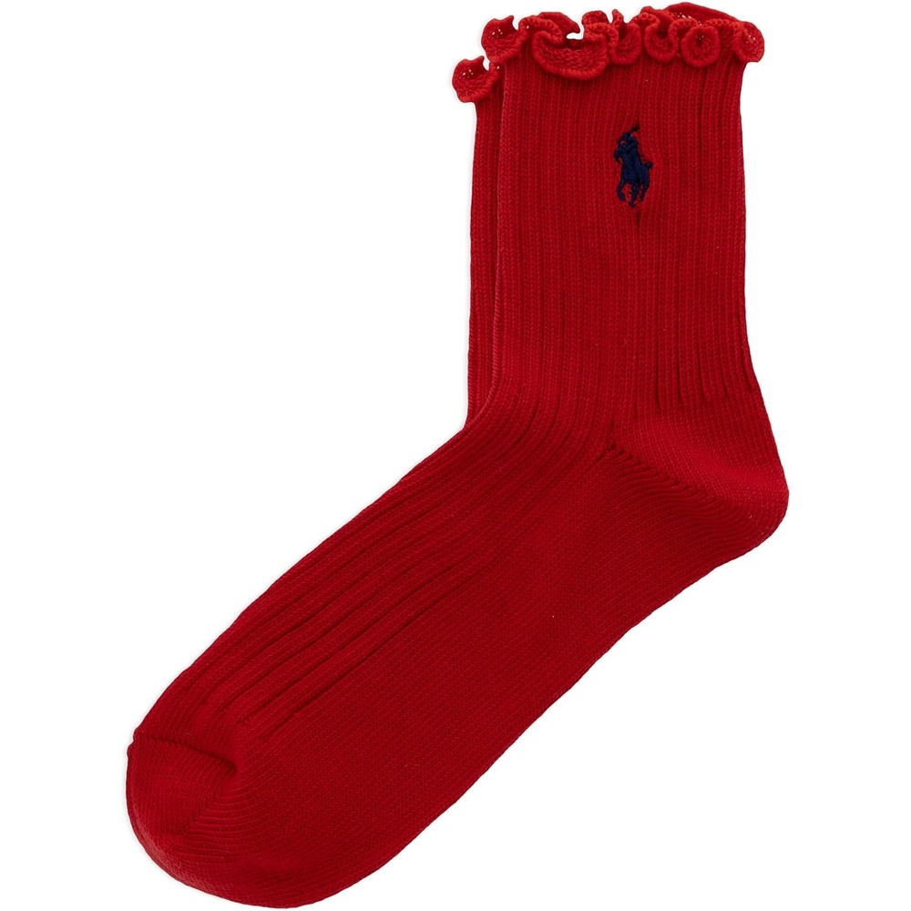 imagePOLO RALPH LAUREN womens Lettuce Edge Ankle Socks 1 Pair Pack Sustainable Cotton ComfortSolid Red