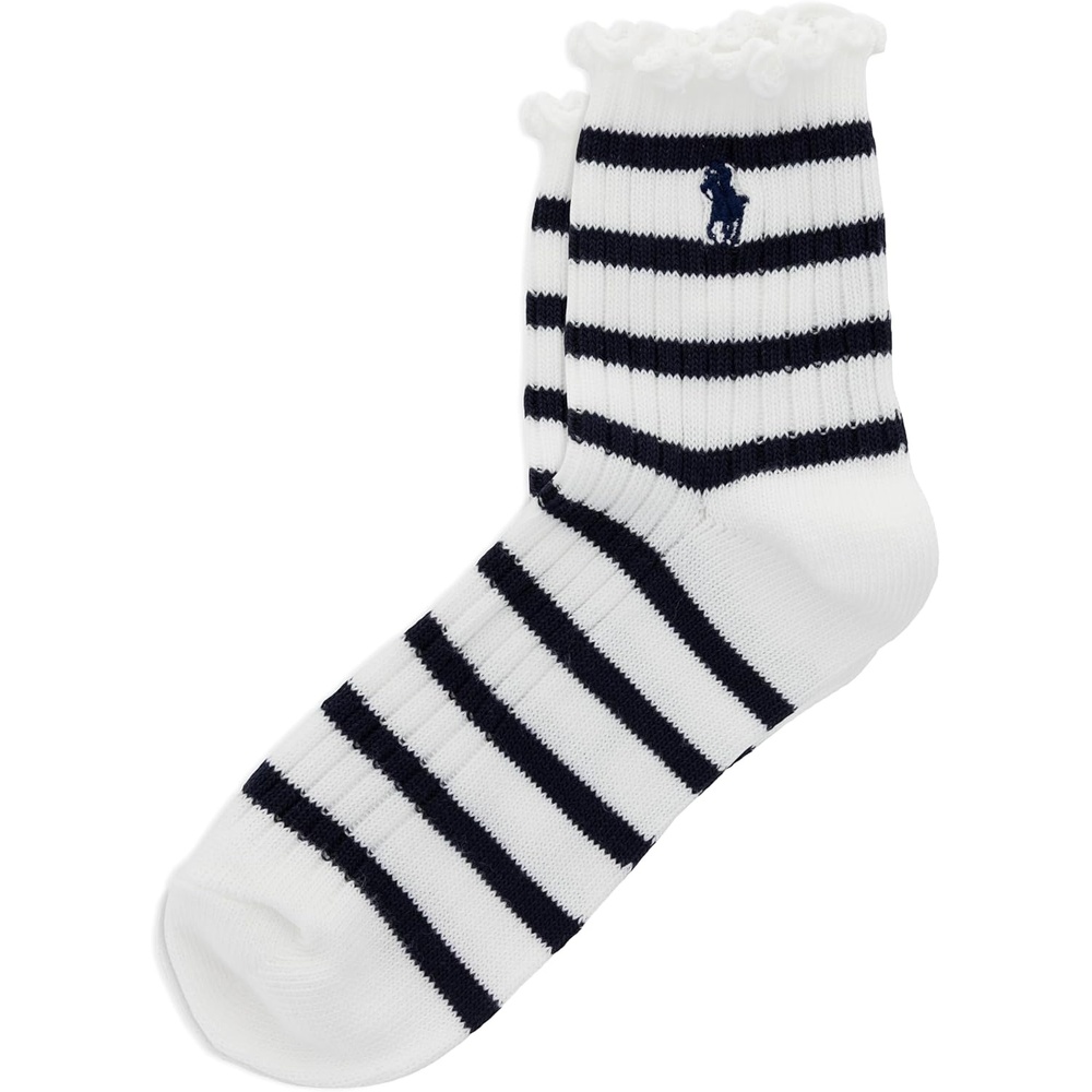 imagePOLO RALPH LAUREN womens Lettuce Edge Ankle Socks 1 Pair Pack Sustainable Cotton ComfortWhite Stripe