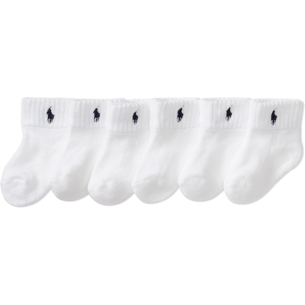 imagePolo Ralph Lauren Babys Classic Sport Ankle Socks 6 Pair Pack Soft Stretchy Yarn amp Stay Up TopWhite Black Pony