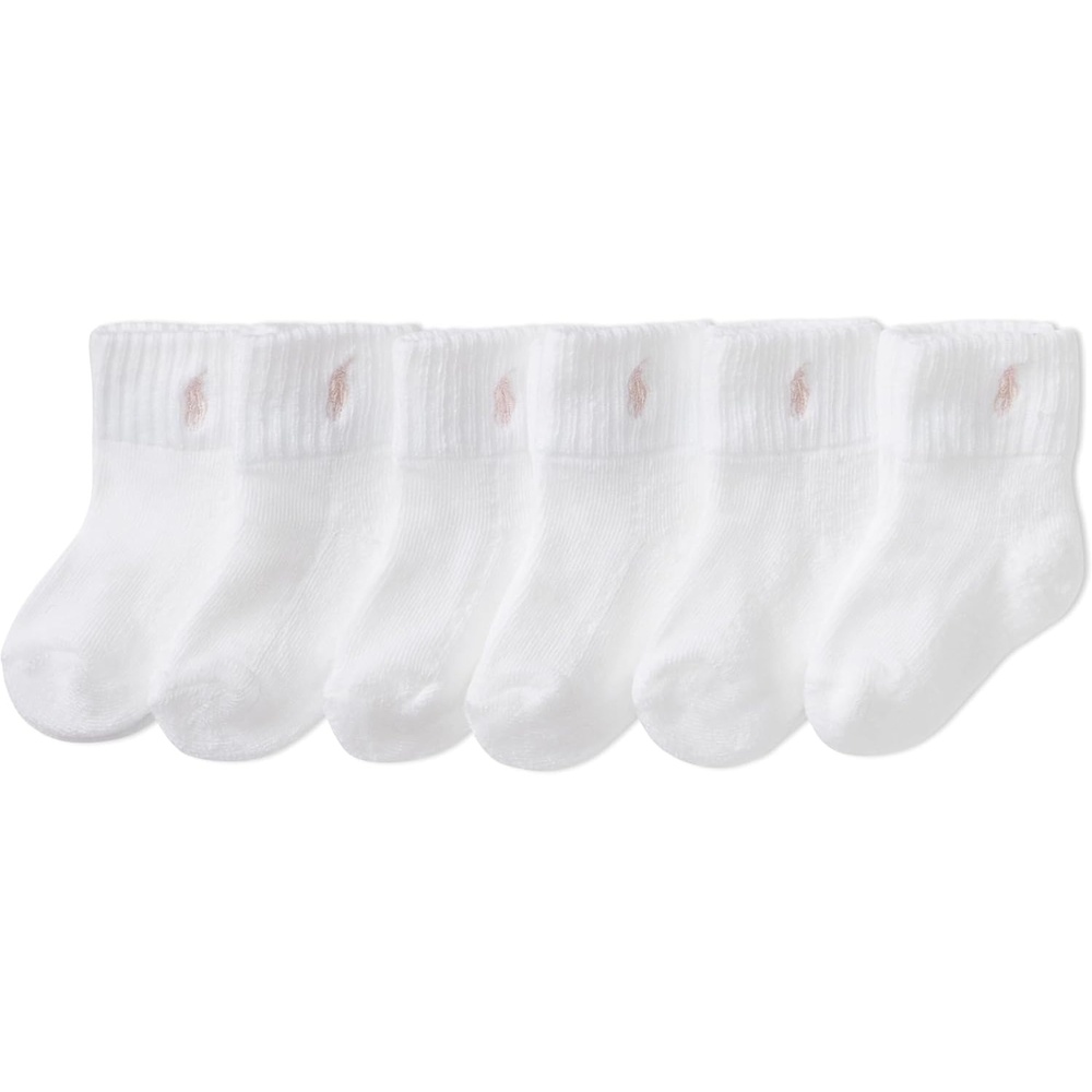 imagePolo Ralph Lauren Babys Classic Sport Ankle Socks 6 Pair Pack Soft Stretchy Yarn amp Stay Up TopWhite Pink Pony